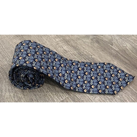 ERMENEGILDO ZEGNA Men's Tie Blue Gold Geo 57L 3.5W ITALY EUC MINT! Retail-$175 - Picture 6 of 14